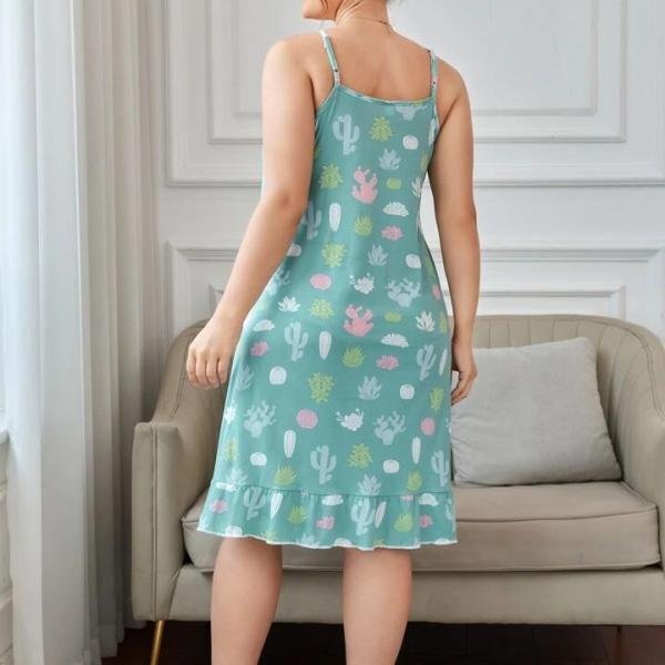 Mint Green Cactus Print Spaghetti Strap Mini Dress