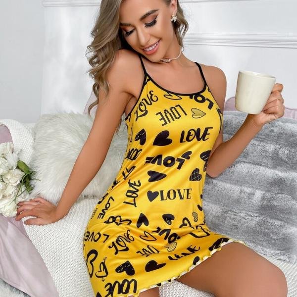 Yellow Love Print Spaghetti Strap Mini Dress