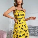 Yellow Love Print Spaghetti Strap Mini Dress