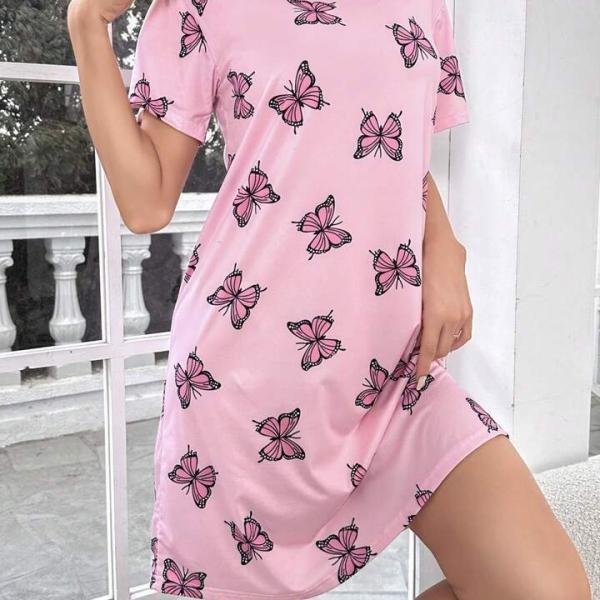 Baby Pink Butterfly Print Bridal Short Nighty