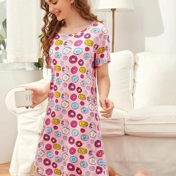 Pink Donut Print Cotton Sleeveless Short Nighty for Women