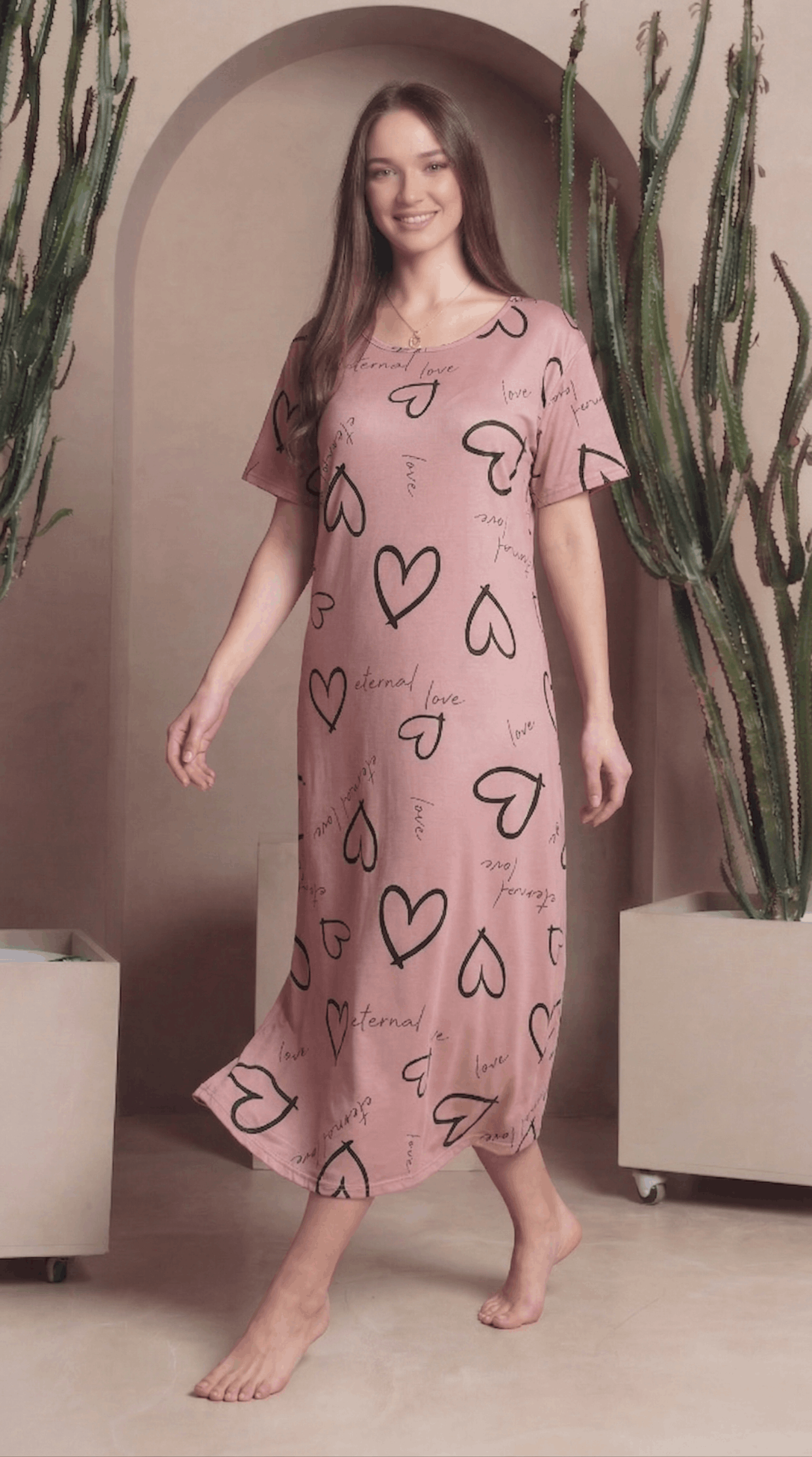 Blush Pink Heart & Script Print Women Short Nighty
