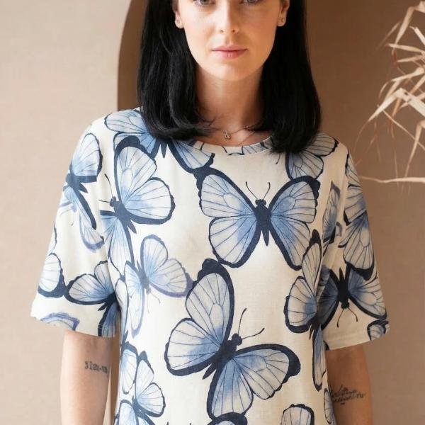 Blue Butterfly Bliss Cotton Short Nighty for Women
