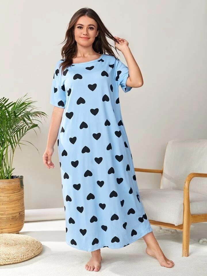 Sky Blue Heart Print Long Nighty Slip