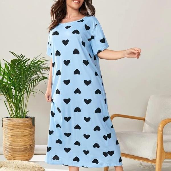 Sky Blue Heart Print Long Nighty Slip