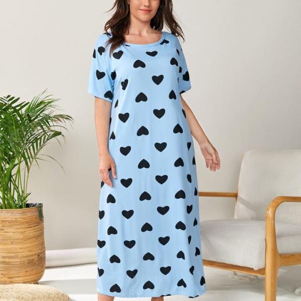 Sky Blue Heart Print Long Nighty Slip