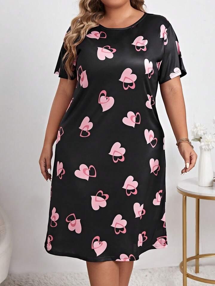 Black & Pink Heart Print Black Short Nighty