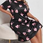 Black & Pink Heart Print Black Short Nighty