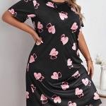 Black & Pink Heart Print Black Short Nighty