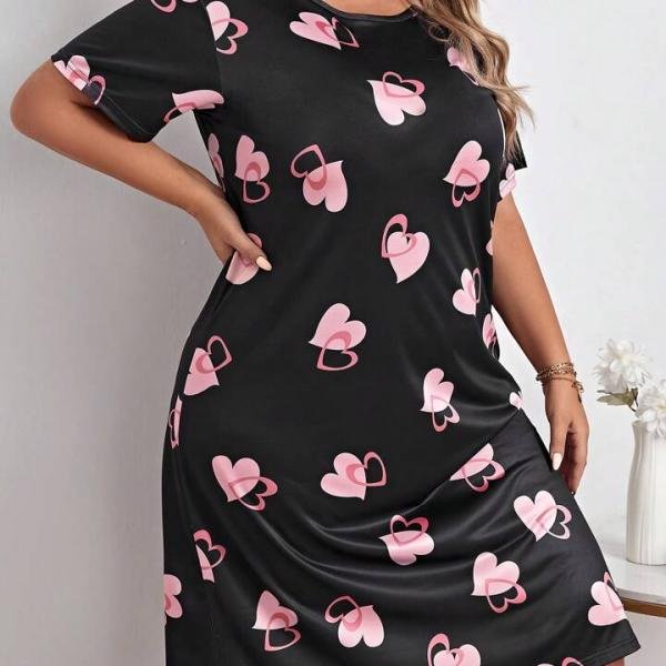 Black & Pink Heart Print Black Short Nighty