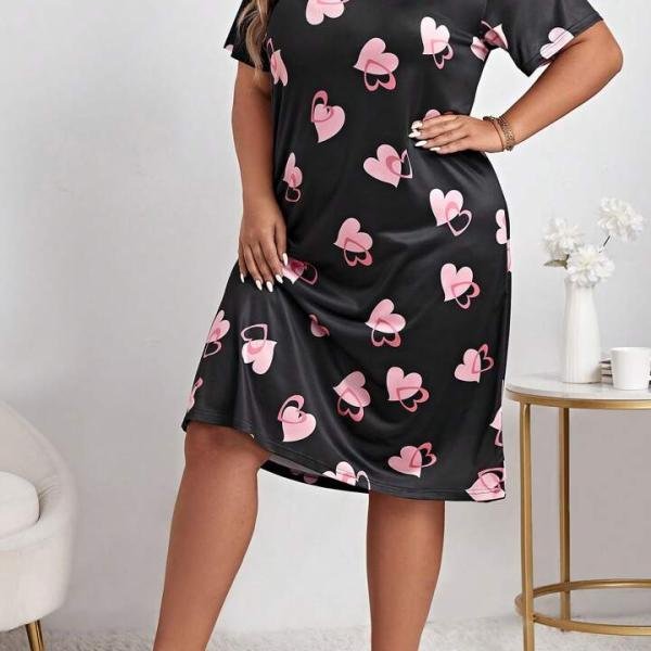 Black & Pink Heart Print Black Short Nighty