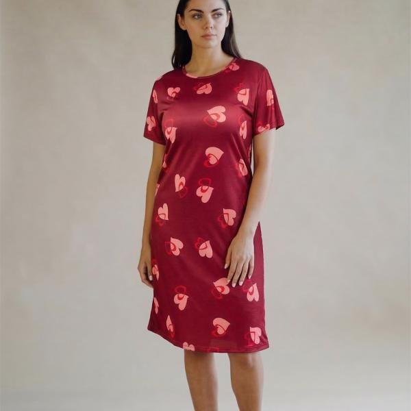 Red Heart Print Short Nighty Dress for Women