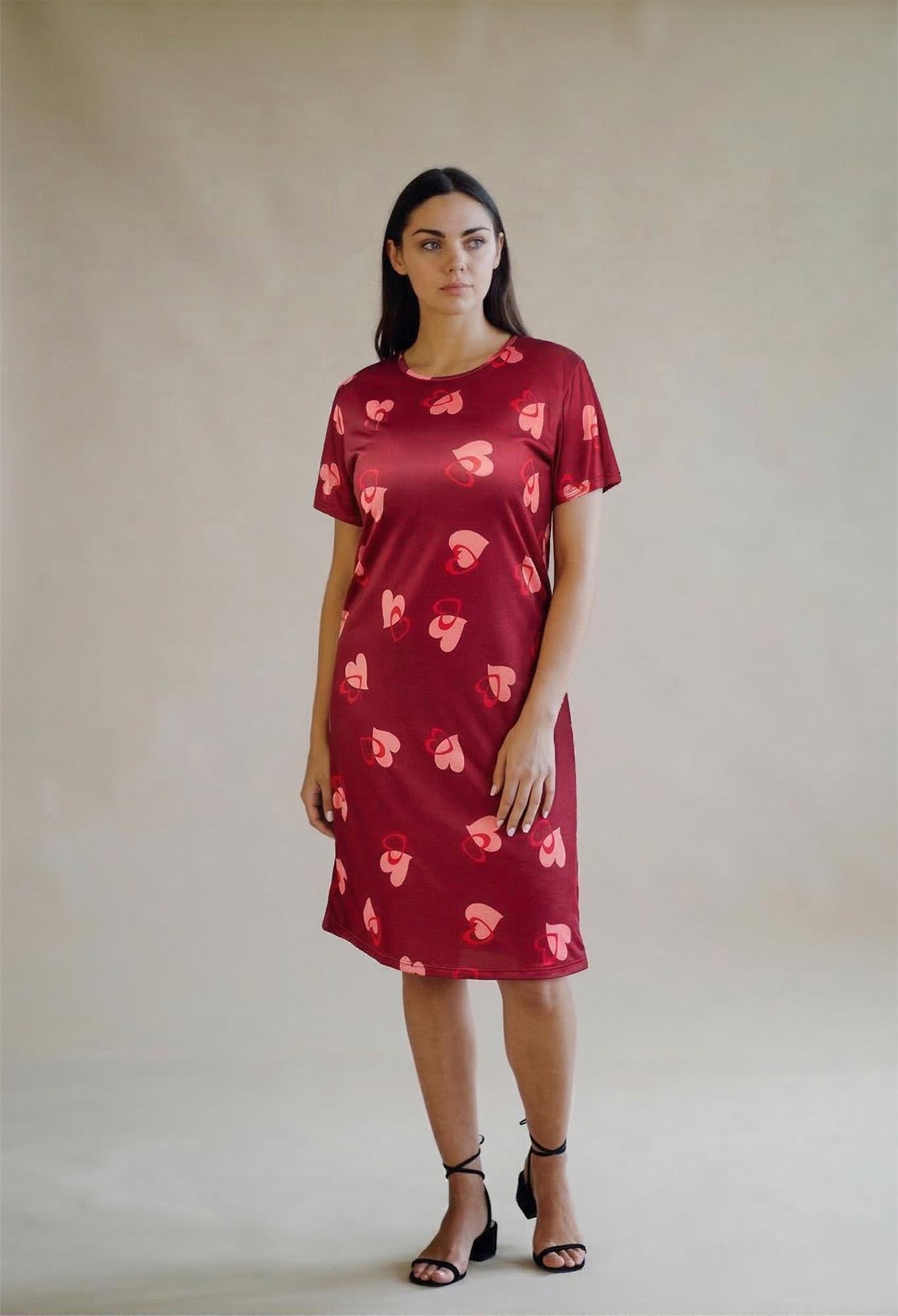 Red Heart Print Short Nighty Dress for Women