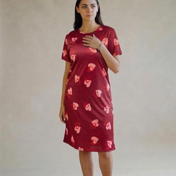 Red Heart Print Short Nighty Dress for Women