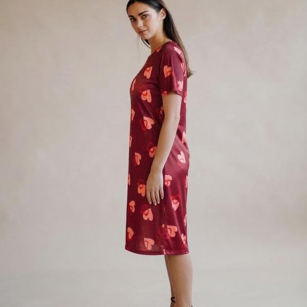 Red Heart Print Short Nighty Dress for Women