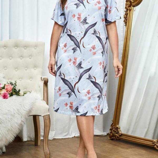 Sky Blue Floral & Butterfly Print Short Nighty Cotton