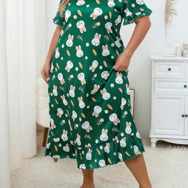 Green Bunny Print Long Nighty with Robe