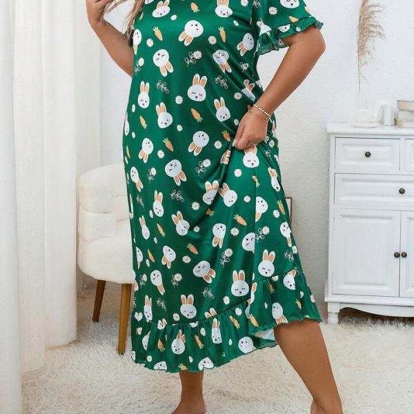 Green Bunny Print Long Nighty with Robe