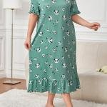 Teal Green Panda Print Satin Long Nighty