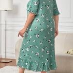 Teal Green Panda Print Satin Long Nighty