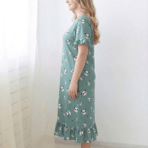 Teal Green Panda Print Satin Long Nighty