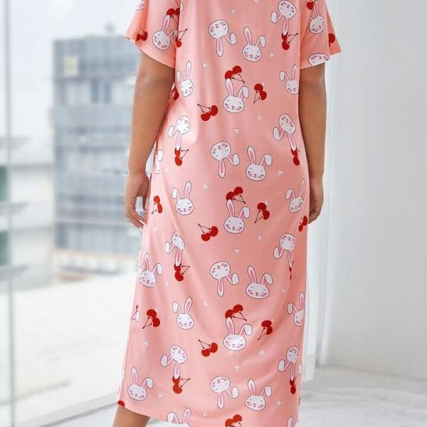 Peach Pink Bunny Print Midi Long Nighty for Women