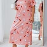 Peach Pink Bunny Print Midi Long Nighty for Women