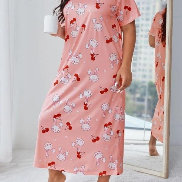 Peach Pink Bunny Print Midi Long Nighty for Women