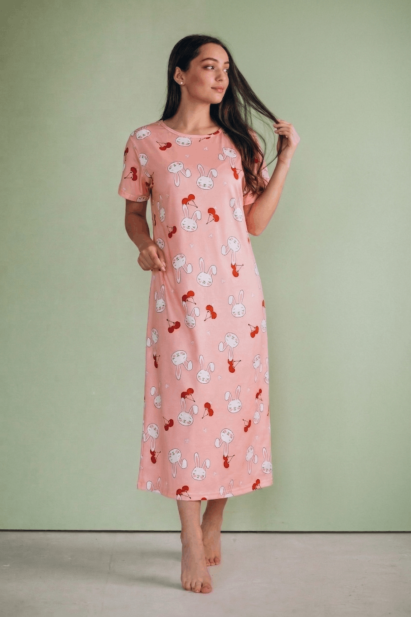 Peach Pink Bunny Print Midi Long Nighty for Women