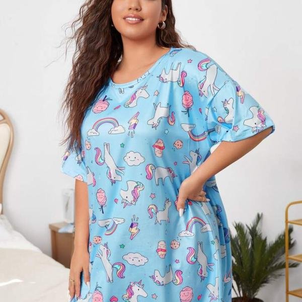 Plus Size Light Blue Sleep Short Nighty for Women