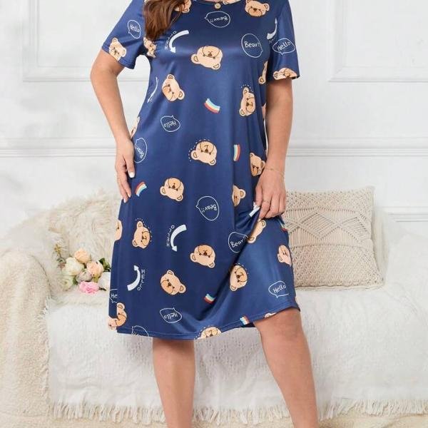Navy Blue Teddy Bear Print Short Nighty for Girls