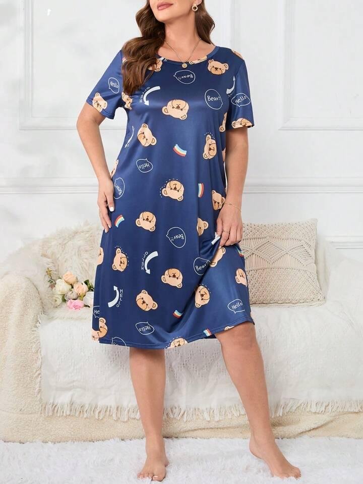 Navy Blue Teddy Bear Print Short Nighty for Girls