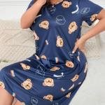 Navy Blue Teddy Bear Print Short Nighty for Girls