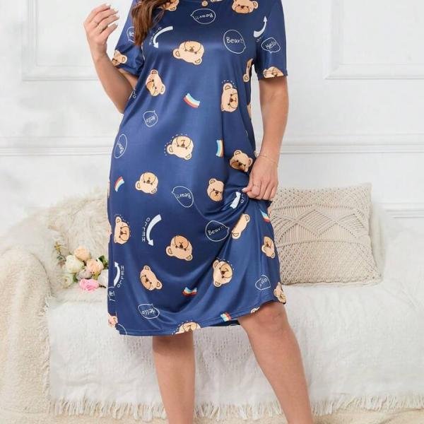 Navy Blue Teddy Bear Print Short Nighty for Girls
