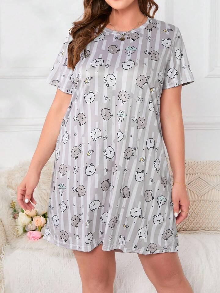 Grey Cute Cartoon Print Short Nighty for Honeymoon