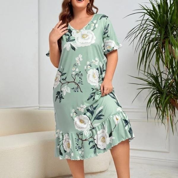 Mint Green Floral Print Long Nighty Dress