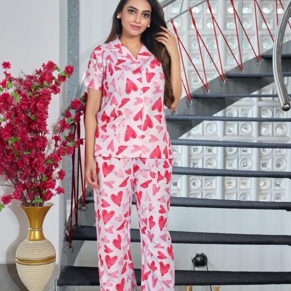 Blush Love Heart Printed Cotton Pajama And Robe Set