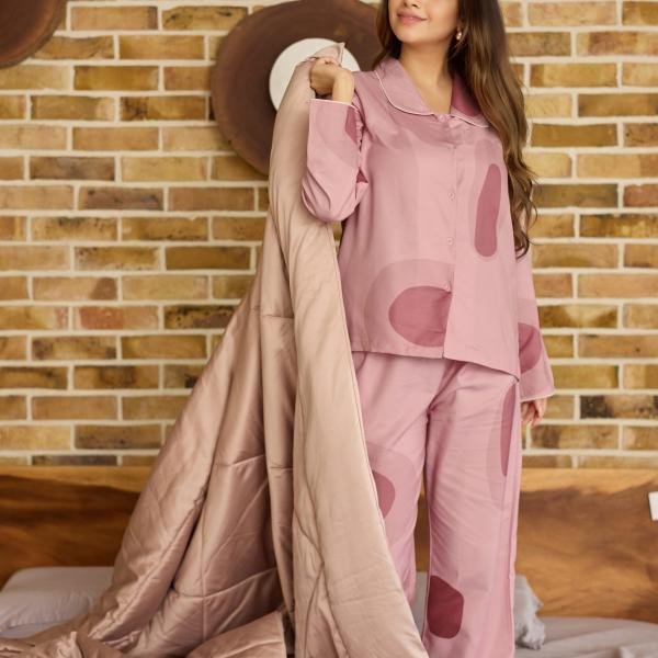 Rose Blush Abstract Printed Pajama Set With Robe