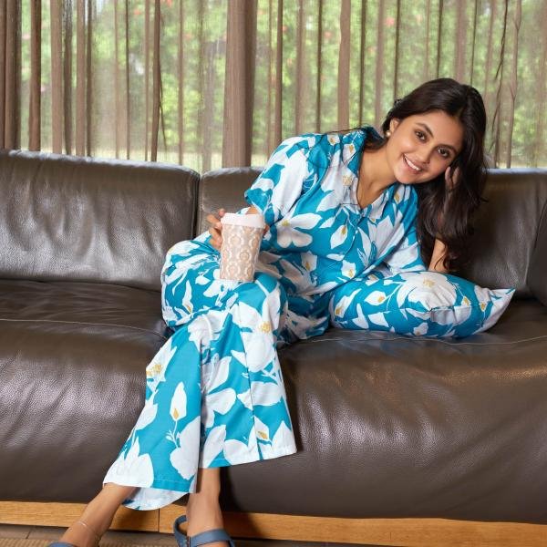 Ocean Bloom Teal Blue Thermal Pyjamas Womens