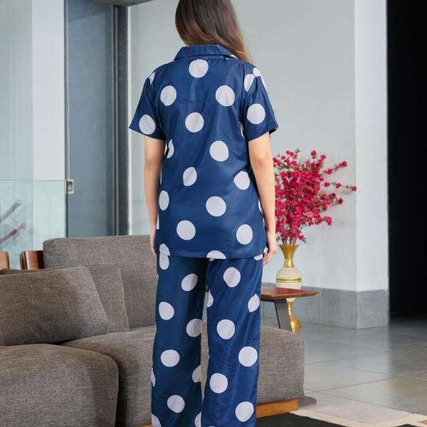 Midnight Navy Polka Dot Velour Pyjamas Womens