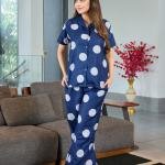 Midnight Navy Polka Dot Velour Pyjamas Womens