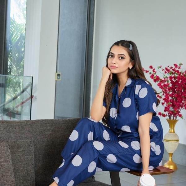 Midnight Navy Polka Dot Velour Pyjamas Womens