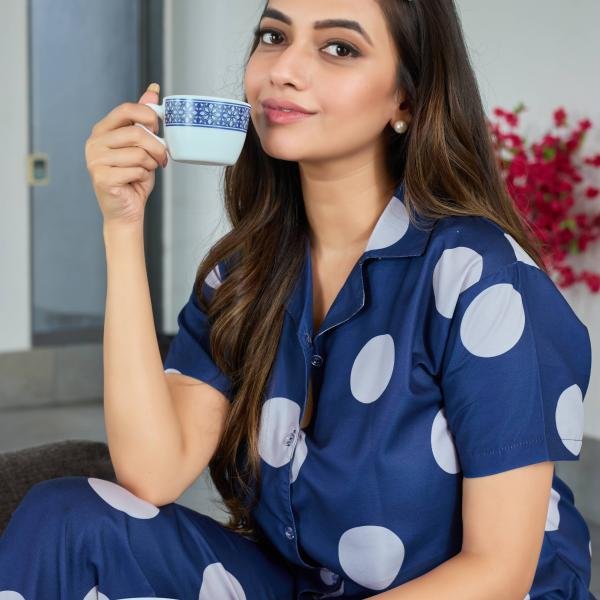 Midnight Navy Polka Dot Velour Pyjamas Womens