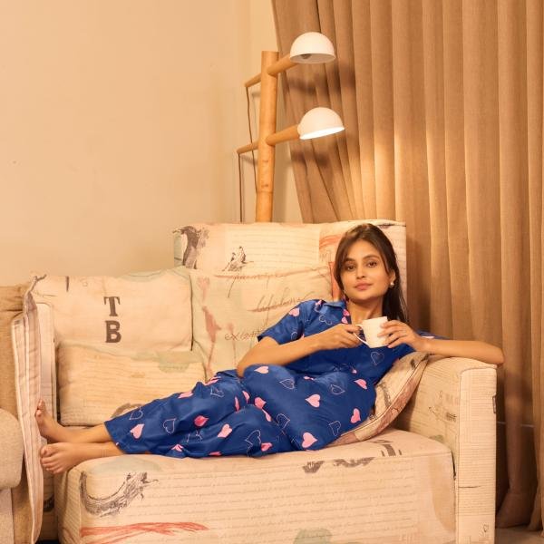Navy Blue Heart Print Silk Pajamas Black