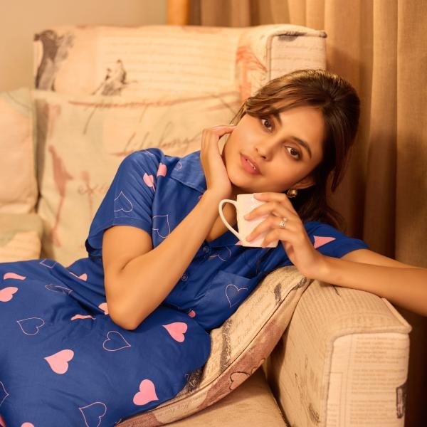 Navy Blue Heart Print Silk Pajamas Black