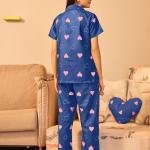 Navy Blue Heart Print Silk Pajamas Black