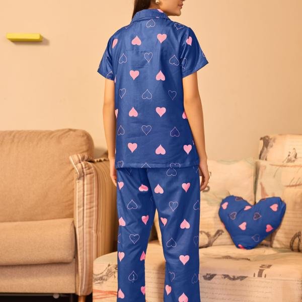 Navy Blue Heart Print Silk Pajamas Black