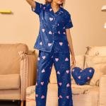 Navy Blue Heart Print Silk Pajamas Black