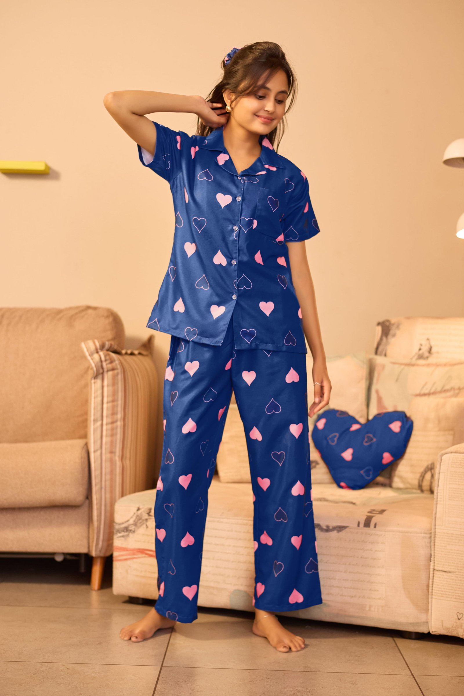 Navy Blue Heart Print Silk Pajamas Black