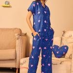 Navy Blue Heart Print Silk Pajamas Black